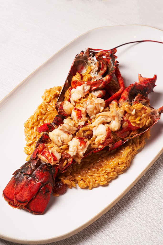 Appetizing lobster risotto served beautifully on a white plate.